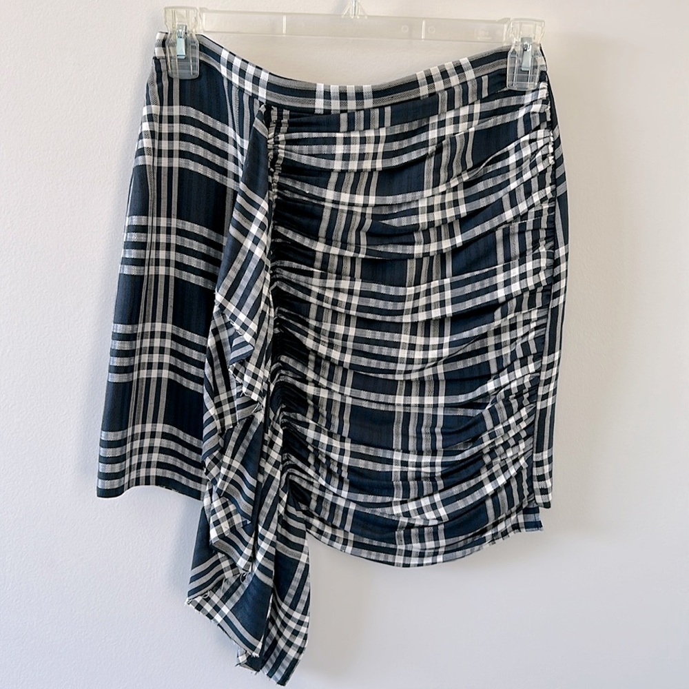Zara Woman Navy & White Plaid Draped Ruffle Linen Blend Mini Skirt Size Medium